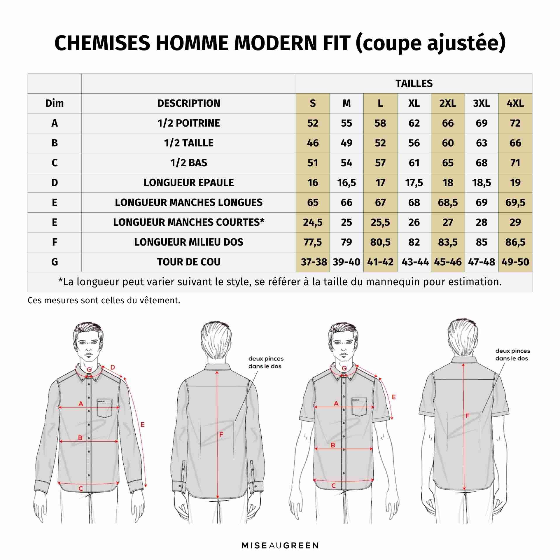 Guide de taille chemise homme modern fit