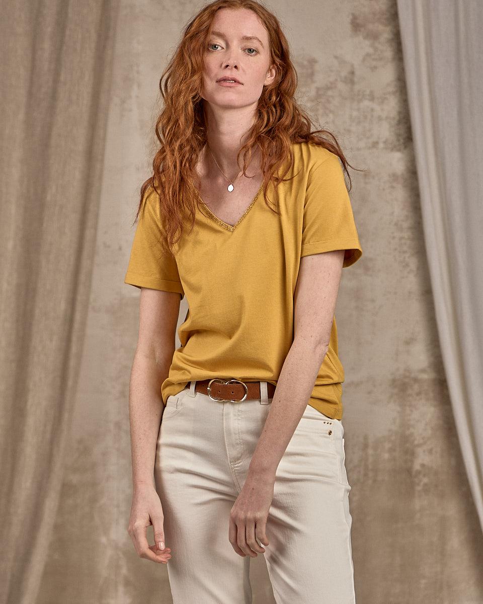T-shirt col V lurex jaune