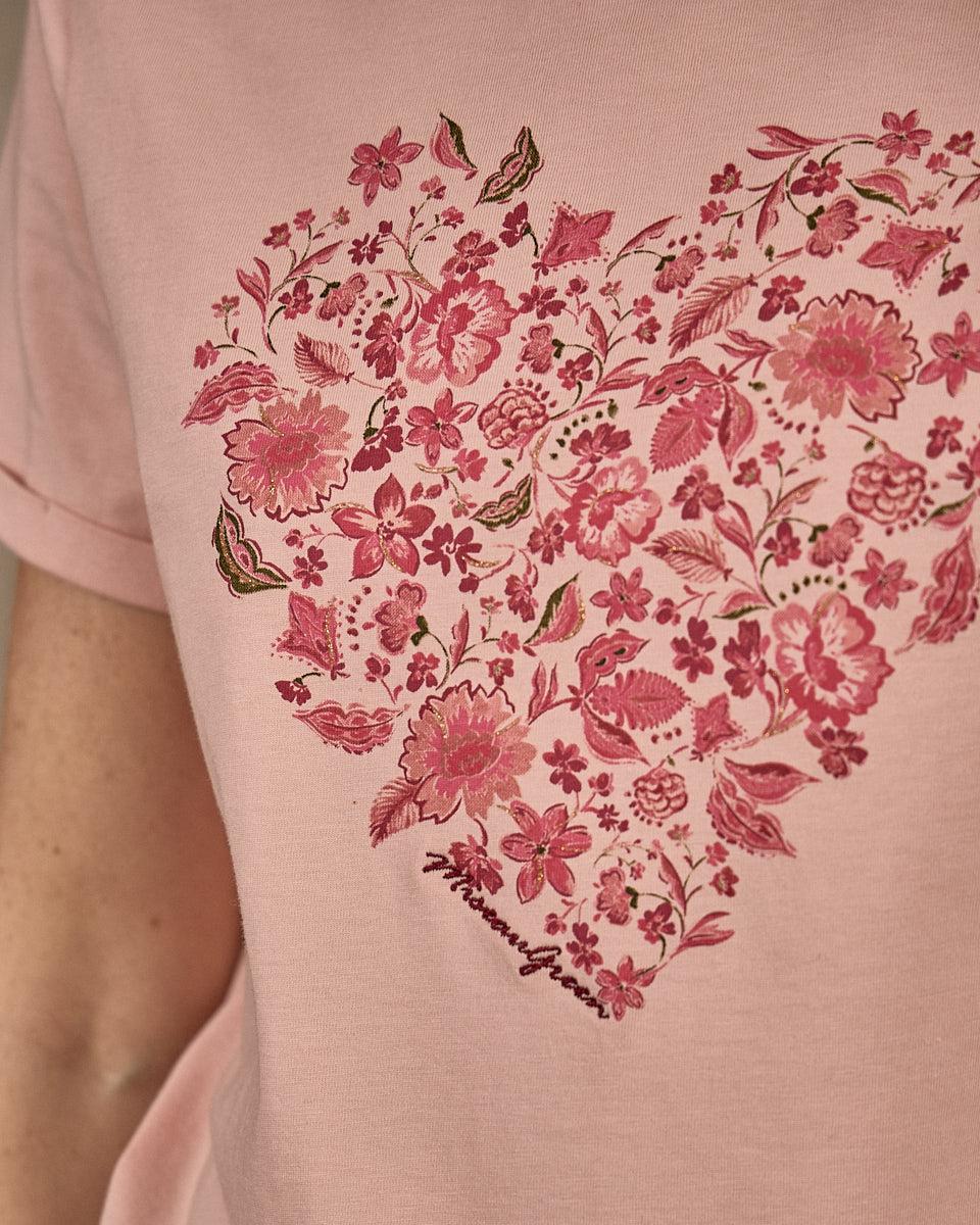 T-shirt cœur fleuri rose
