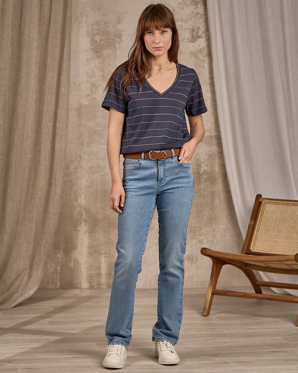 T-shirt col V rayé bleu