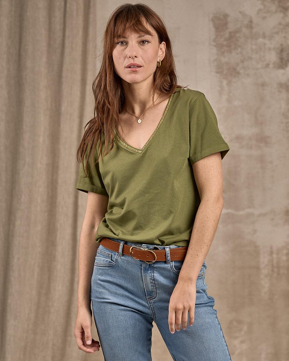 T-shirt col V lurex vert