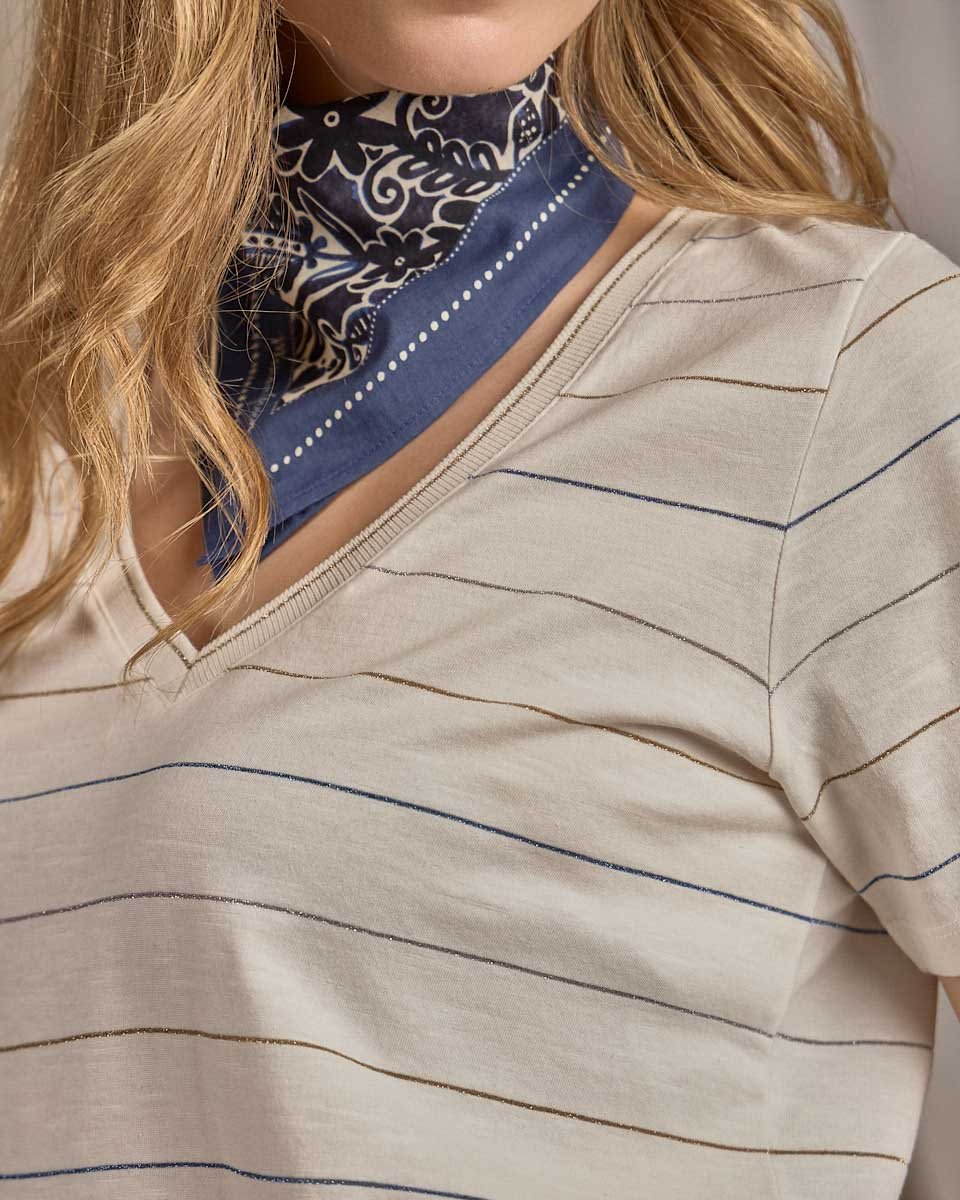 T-shirt col V rayé blanc