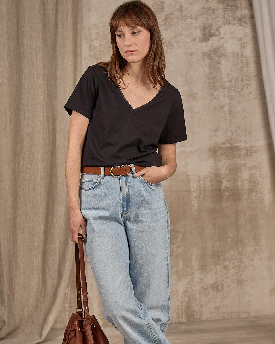 T-shirt col V lurex noir