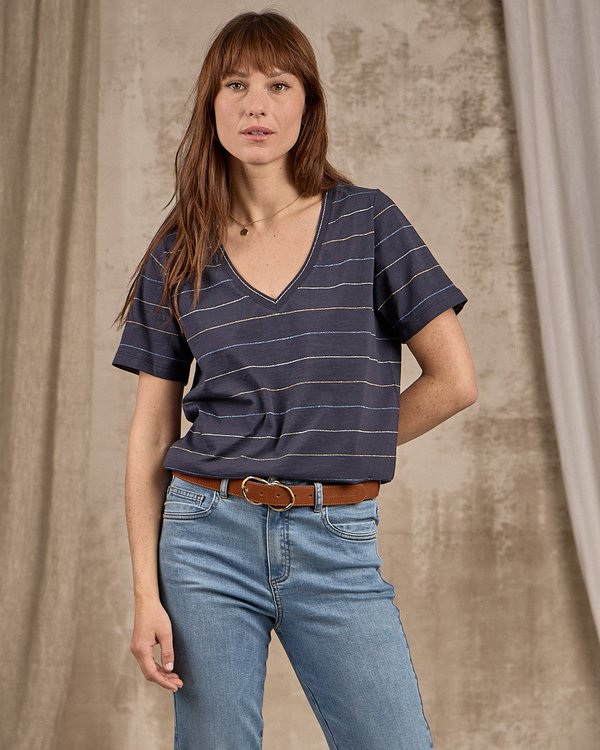 T-shirt col V rayé bleu T-shirt col V rayé bleu