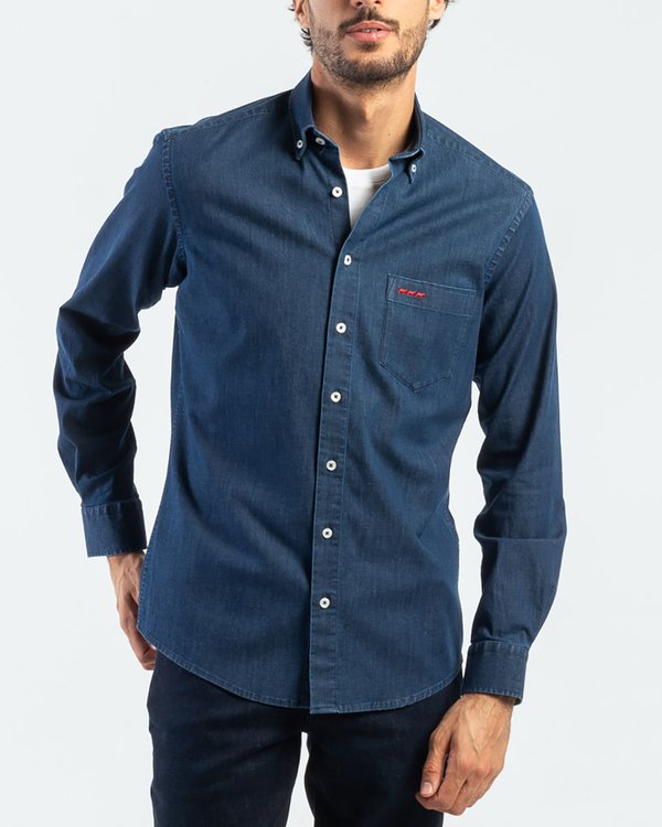 Chemise façon denim unie manches longues 100% coton Chemise façon denim unie manches longues 100% coton