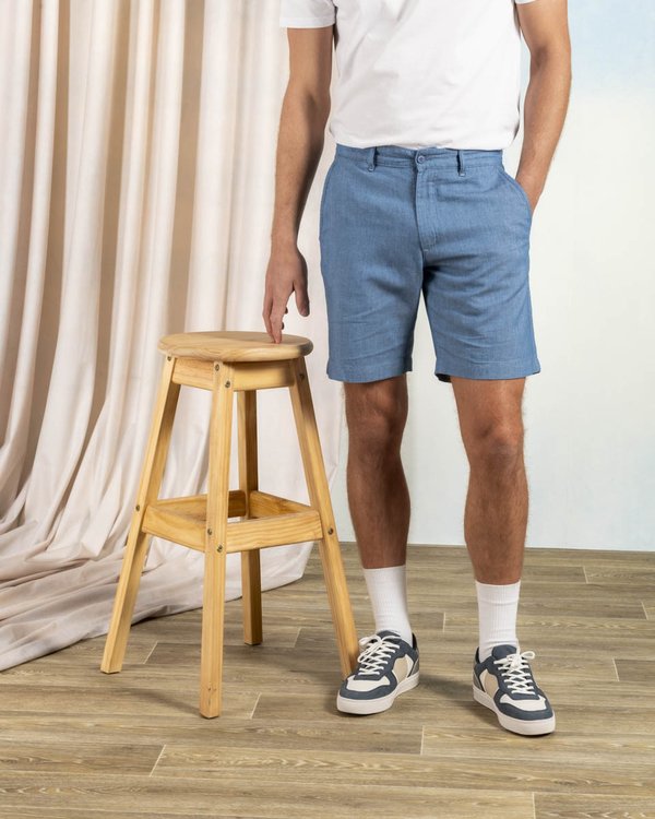 Bermuda coupe chino uni en coton et lin bleu